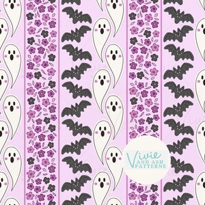 May include: A seamless pattern featuring black bats, white ghosts, and purple flowers on a light pink background. The pattern is repeated throughout the image. The text "Vivie and Ash Patterns" is visible in the lower right corner of the image.