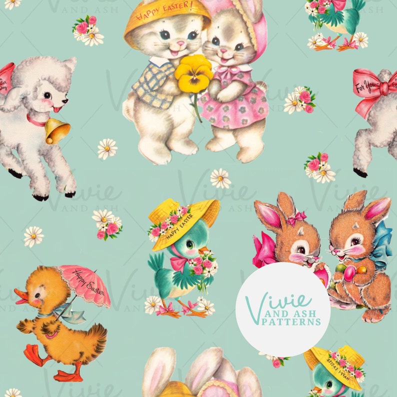 May include: A seamless pattern featuring a variety of cute Easter animals, including bunnies, chicks, lambs, and a bluebird. The animals are all wearing hats and holding flowers. The background is a light blue colour with white daisies.
