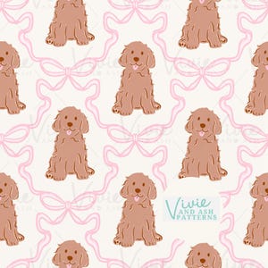 Cucciolo di Goldendoodle e fiocco rosa a traliccio, motivo ripetuto senza soluzione di continuità, file digitale per uso commerciale, carta digitale