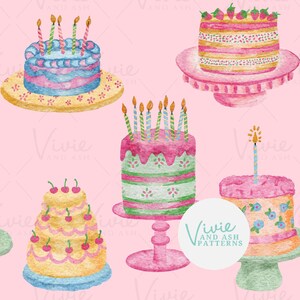 May include: A digital paper pattern featuring watercolour illustrations of birthday cakes with candles and frosting. The cakes are decorated with sprinkles, flowers, and cherries. The background is a light pink colour. The text "Vivie and Ash Patterns" is included in the design.
