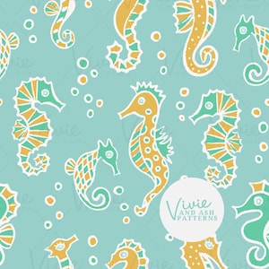 Seahorse Summer Seamless Pattern File, Blue Summer Seamless Repeat Pattern File, Cute Blue Seahorse Pattern, Digital File