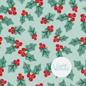 Green and Red Christmas Holly Leaves and Berries Seamless pattern, Green Christmas Seamless Repeat, Repeating Pattern for Commercial Use
