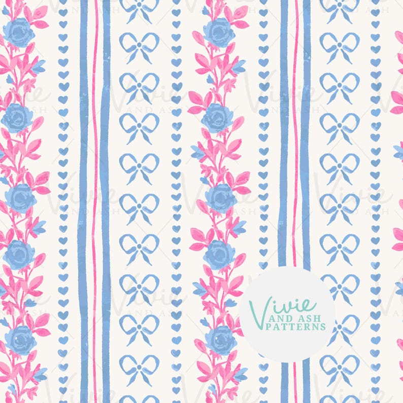Pink Blue Rosebud Bow Stripe Seamless Pattern by Vivieandash: (digital ...