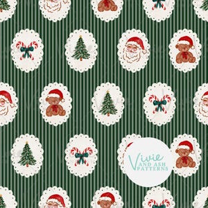 May include: A repeating pattern of Christmas-themed illustrations on a green striped background. The designs include Santa Claus, teddy bears, Christmas trees, and candy canes, all within scalloped white frames. The pattern is festive and suitable for holiday-themed products.