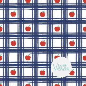 Red Apples Navy Gingham Seamless Pattern, Back to School Repeating Pattern, Fall Seamless Pattern Digital File for Commercial Use