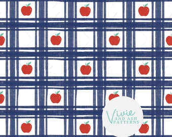 May include: A repeating pattern featuring red apples with green leaves set against a navy blue and white plaid background. The design has a hand-drawn aesthetic, with the apples evenly spaced across the grid.