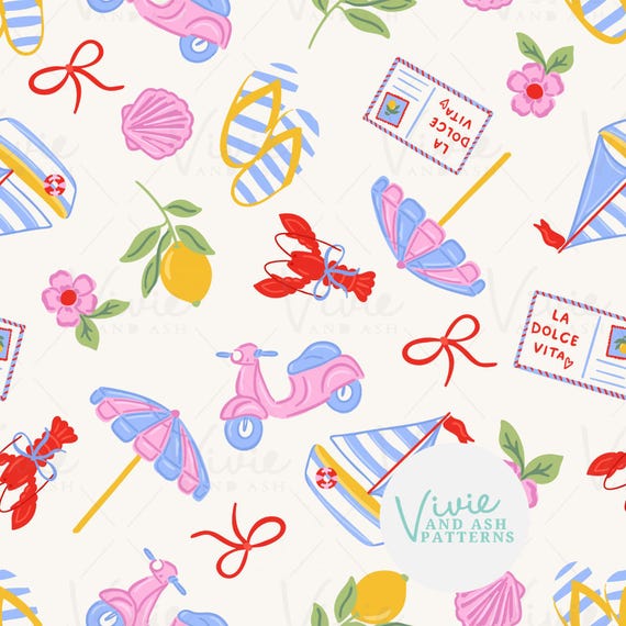 Summer La Dolce Vita Vacation, Seamless Pattern by VivieAndAsh: Lemons, Lobsters, Seashells, Scooters