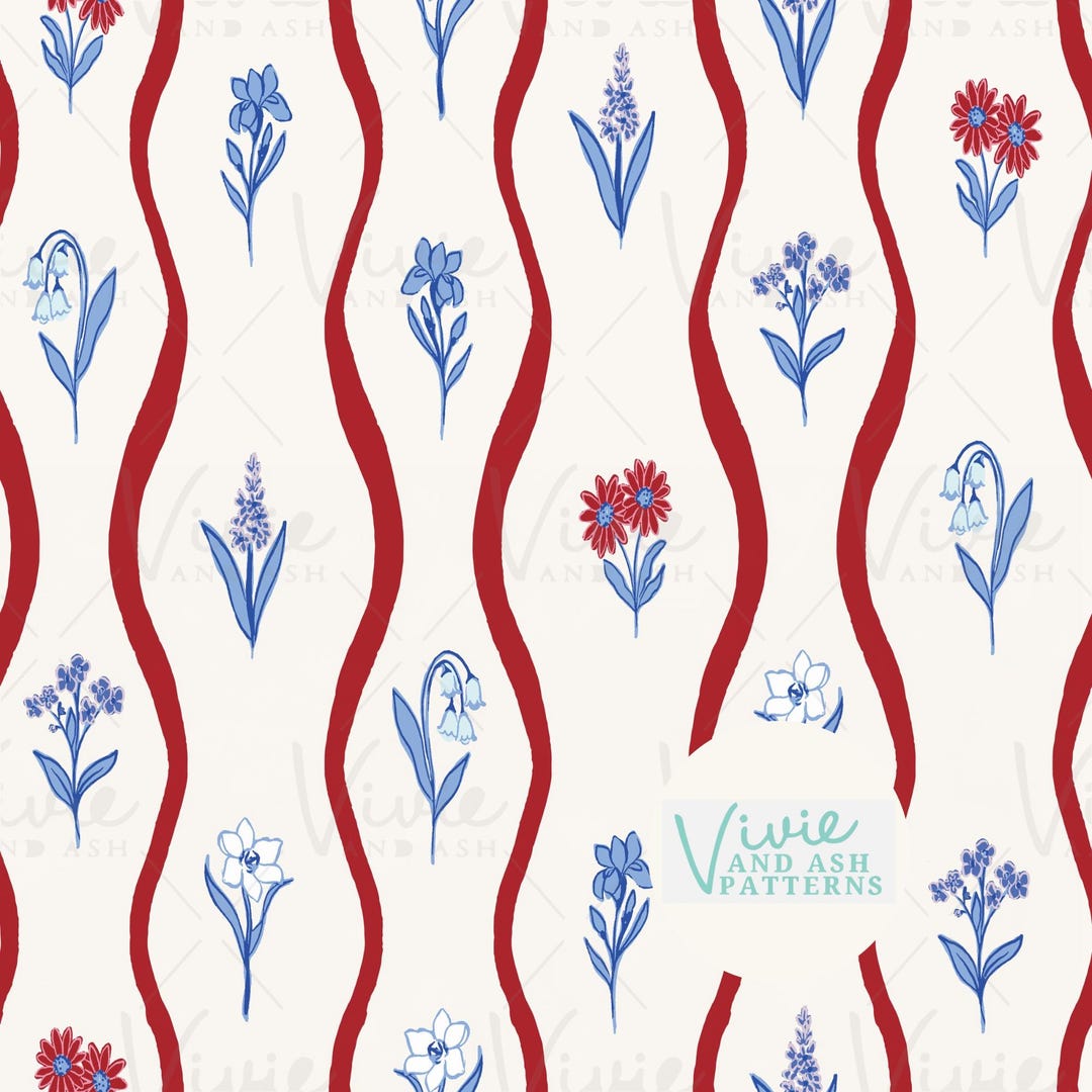 Red White and Blue Stripe Floral, 4th of July, Seamless Repeat Pattern ...