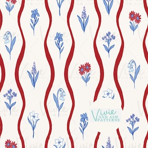 Red White and Blue Stripe Floral, 4th of July, Seamless Repeat Pattern Download Digital File for Commercial Use