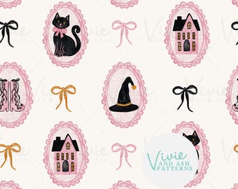 May include: A seamless pattern featuring pink and black Halloween themed illustrations in oval frames. The illustrations include a black cat, a witch's hat, a house, boots, and bows.