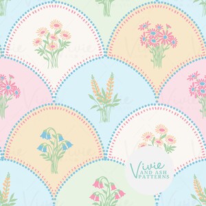 May include: A pastel floral pattern with stylized flowers in pink, yellow, and blue, arranged in a repeating fan design. Each fan is outlined with a dotted border. The pattern includes the text "Vivie and Ash Patterns".