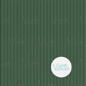 May include: Dark green background with vertical light grey stripes. The pattern is evenly spaced and covers the entire surface. A white circle with the text "Vivie and Ash Patterns" is in the lower right corner.