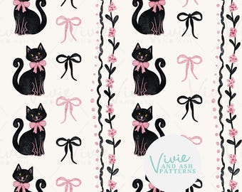 May include: A seamless pattern featuring black cats with pink bows, pink bows with tails, and a black and white floral vine. The background is white.