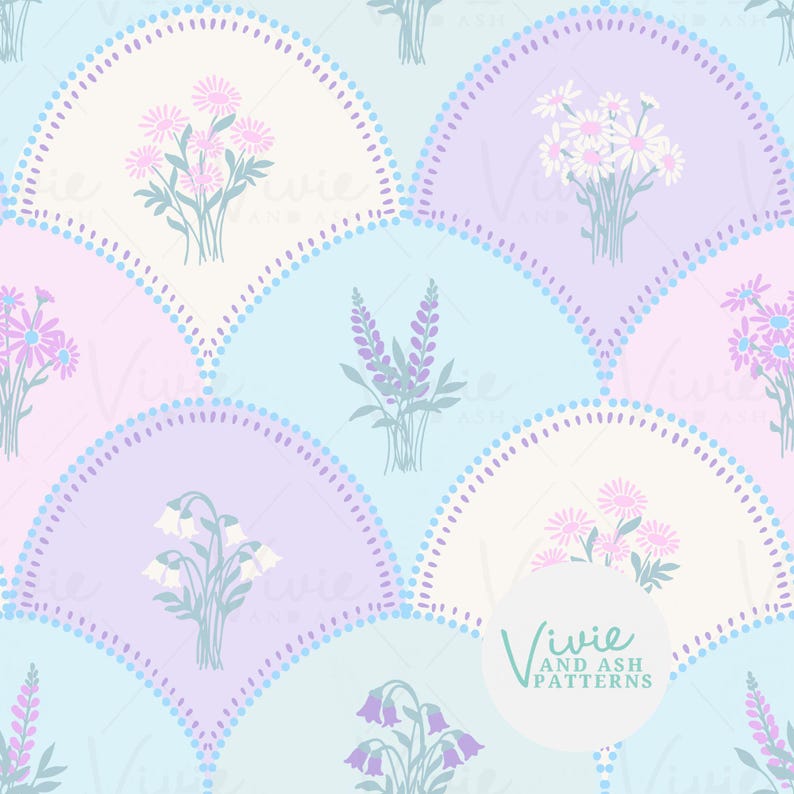 Purple and Blue Scallop Wildflower Floral Pattern by Vivieandash - Etsy