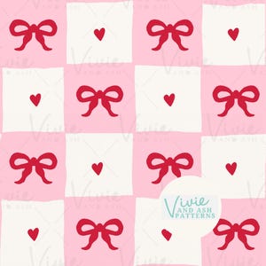 Pink Valentine Heart Bow Checker Seamless Repeating Pattern, Pink and Red Pattern File, Digital File for Commercial Use, Digital Paper