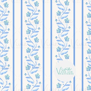 May include: A seamless pattern featuring blue and green floral sprigs on a white background with blue vertical stripes. The pattern is repeated throughout the image. The text "Vivie and Ash Patterns" is visible in a white circle.