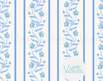 Blue and White Vine Stripe Floral Seamless Repeating Pattern, Floral Seamless Pattern, Digital Floral File for Commercial Use