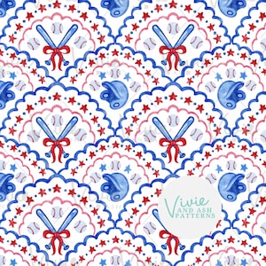 Peut inclure: Un motif sans couture avec des illustrations d'un bâton de baseball, de balles de baseball et de casques de baseball peints à l'aquarelle. Le motif est sur un fond blanc avec des étoiles bleues et rouges et des formes festonnées.