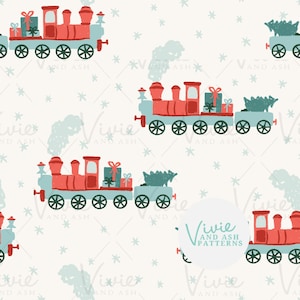 Patrón sin costuras de tren navideño rojo y verde, repetición navideña sin costuras para uso comercial