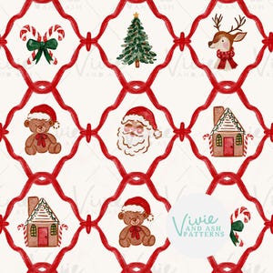 May include: A festive Christmas pattern featuring watercolor illustrations of candy canes, a Christmas tree, a reindeer, Santa Claus, teddy bears, and gingerbread houses, all set against a white background with a red ribbon lattice design.