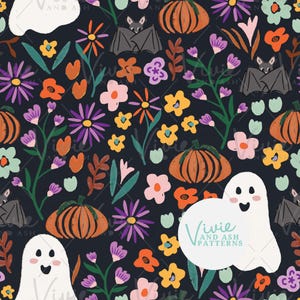 Halloween Garden Floral, Halloween Floral with Pumpkins Bats and Ghosts Seamless Pattern, Fall Repeat Pattern File for Commercial Use