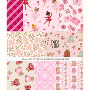 Pu&ograve; includere: Una collezione di motivi rosa senza cuciture con vari disegni. Questi includono ballerine, cuori, orsacchiotti, buste ed elementi floreali. I motivi sono adatti per tessuti e altri progetti artigianali.