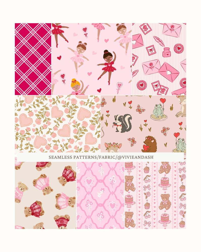 Pu&ograve; includere: Una collezione di motivi rosa senza cuciture con vari disegni. Questi includono ballerine, cuori, orsacchiotti, buste ed elementi floreali. I motivi sono adatti per tessuti e altri progetti artigianali.