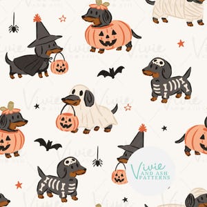 May include: A repeating pattern featuring dachshunds in Halloween costumes, including pumpkins, ghost sheets, skeleton suits, and witch hats, interspersed with small black spiders, bats, and orange stars on a light cream background.