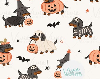 Halloween-Musterdatei mit orange-schwarzen Dackeln im Kostüm von VivieAndAsh (JPEG-Download)
