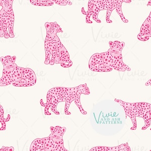 May include: A seamless pattern featuring pink leopards with white spots on a white background. The leopards are in various poses, including sitting, lying down, and walking.