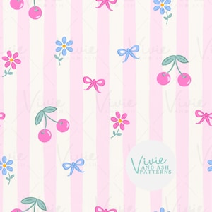 Cerises noeuds et marguerites rayures florales roses et bleues motif répétitif sans couture, motif transparent, fichier numérique pour un usage commercial