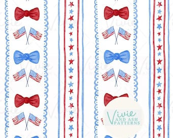 May include: A seamless pattern featuring red, white, and blue watercolor illustrations of bow ties, American flags, and stars. The pattern is perfect for patriotic crafts and projects.