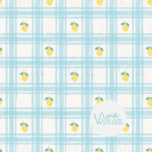Blaue Zitrone Gingham Nahtlose Musterdatei, Gelbe Frucht Nahtlos, Obstmusterdatei für kommerzielle Nutzung