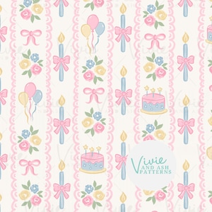 Peut inclure: Motif répétitif sur le thème de l'anniversaire. Le motif comprend des bougies bleu clair avec des nœuds roses, des bouquets de fleurs, des nœuds roses, des ballons et de petits gâteaux avec des bougies en forme d'étoiles, sur fond crème avec des bordures festonnées roses.