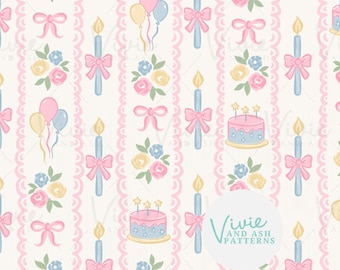 Pink and Blue Birthday Cake Stripe with Candles and Balloons Seamless Pattern File