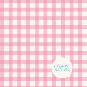 Puede incluir: Un patrón sin costuras de vichy rosa y blanco. El patrón se repite en toda la imagen. El texto "Vivie and Ash Patterns" está en un círculo en la parte inferior de la imagen.