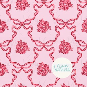 May include: A seamless pattern featuring pink bows, ribbons, and floral bouquets on a light pink background. The design is repeated across the image, creating a decorative and feminine aesthetic. The text "Vivie and Ash Patterns" is in a white circle.