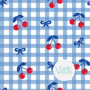 May include: A repeating pattern of red cherries with blue stems and leaves, and blue bows, on a blue and white gingham background. The design includes the text "Vivie and Ash Patterns".