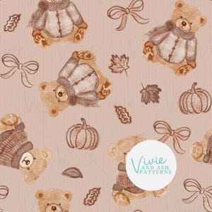 May include: Watercolor pattern featuring teddy bears in brown coats, pumpkins, bows, and leaves on a light brown background. The design has a fall theme, with a repeating pattern of autumn elements.
