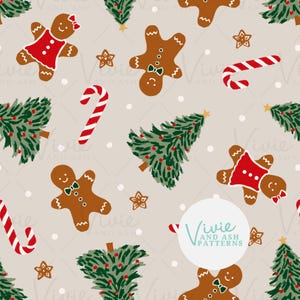Pan di zenzero natalizio rosso e verde, alberi di Natale, bastoncini di zucchero Modello senza cuciture, graziosi bambini Natale senza cuciture ripetuto per uso commerciale