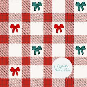 May include: A seamless pattern featuring a red and white plaid background with green and red bows. The text "Vivie and Ash Patterns" is in a circle in the lower centre of the image.