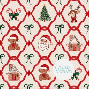 Rotes und grünes Santa-Gitter-Creme-Weihnachtsmuster, Rentier, Lebkuchen, Bögen, Zuckerstange, Teddybär, Nahtlos wiederholen kommerzielle Nutzung
