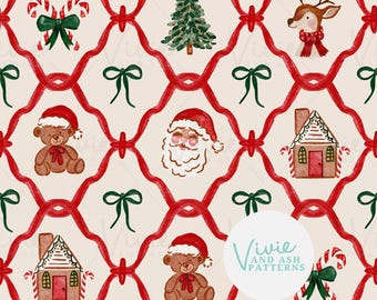 May include: A festive Christmas-themed pattern featuring watercolor illustrations of candy canes, Christmas trees, reindeer, Santa Claus, teddy bears, and gingerbread houses. The design is set against a cream background with a red ribbon lattice and green bows.
