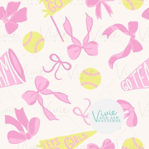 May include: A seamless pattern featuring pink bows, yellow softball, and pennants with the text "Let's Go Girls", "Go Team", and "Go!" on a white background. The pattern is perfect for creating a fun and festive atmosphere for a softball game or party.