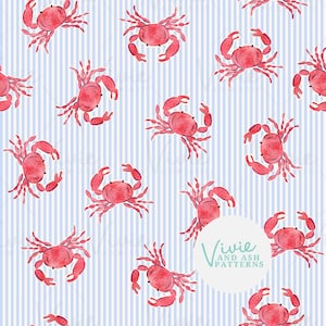 Aquarelle crabe et seersucker Stripe Summer Beach transparente motif fichier, crabes et plage transparente répétition motif fichier, fichier numérique
