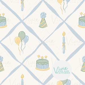 May include: A repeating pattern featuring birthday-themed illustrations. The design includes light blue cakes with star toppers, party hats, balloons, and candles. The background is a cream color with a light blue crisscross pattern. The text "Vivie and Ash Patterns" is in a circle.