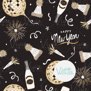 Happy New Year Seamless Repeating Pattern, Black and Gold Seamless, NYE Seamless Digital File for Commercial Use, Digital Paper