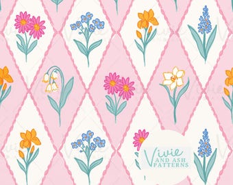 Diamond Wildflower Floral Seamless Repeating Pattern, Floral Seamless Pattern, Digital File for Commercial Use
