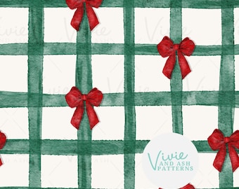 Green Christmas Gingham Pattern with Red Bows by VivieAndAsh (Digital Seamless Pattern)