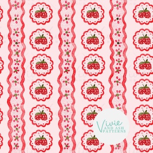 May include: A repeating pattern featuring watercolor illustrations of raspberries and decorative stripes. The raspberries are in scalloped frames, and the stripes have floral and dot accents. The color palette is primarily red and pink.